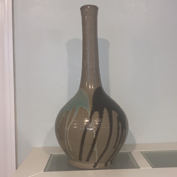 Ceramic Glazed Clay Bottleneck Brown/Teal/ Dark Brown Drip Paint DesignVase/Pot - Picture 2 of 9